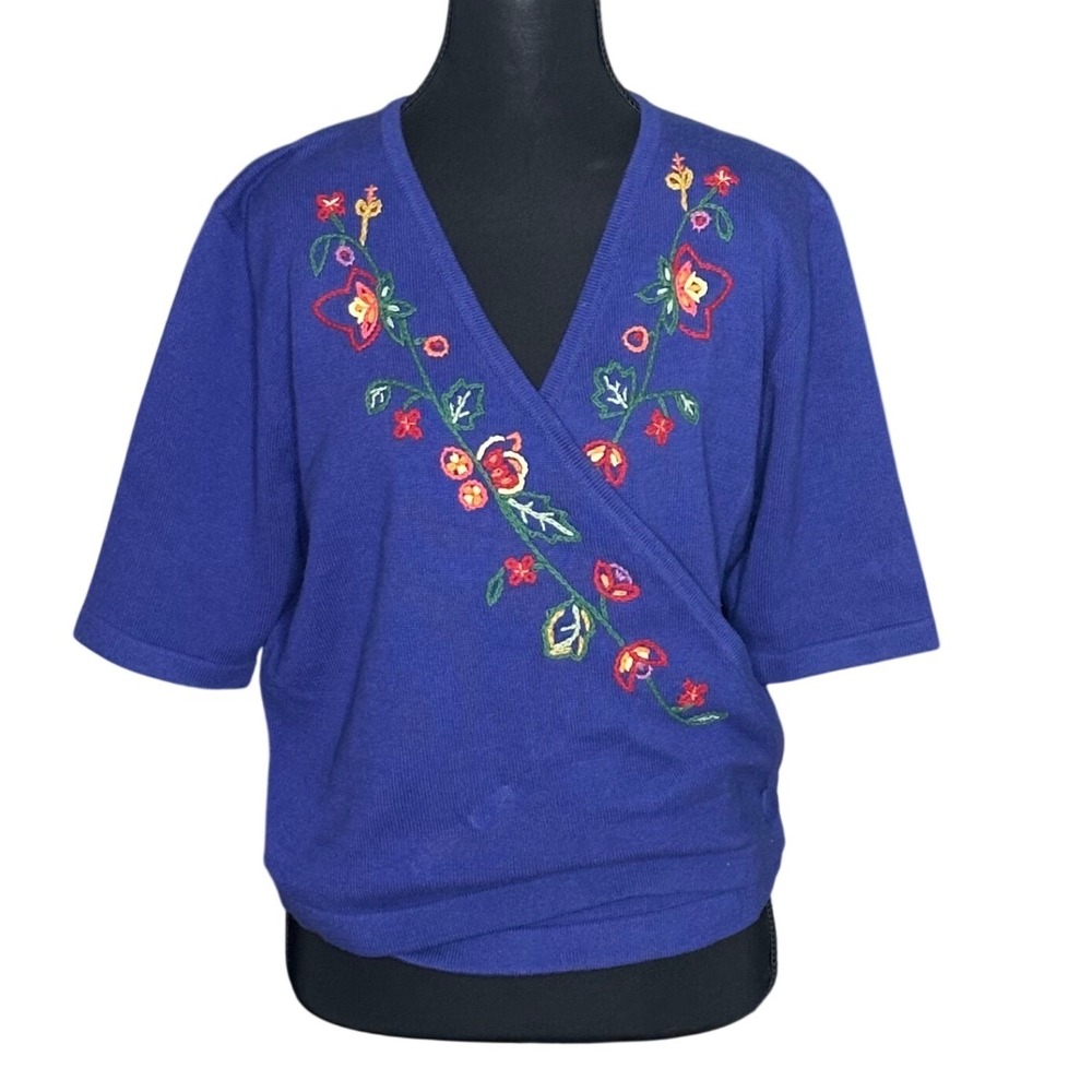 Vintage Hand Embroidered Floral Wrap Top Blue L Susan Bristol Cottagecore 90s
